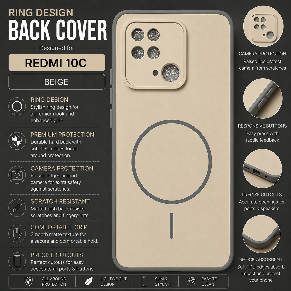 Redmi 10C RingDesign Back Cover – Beige