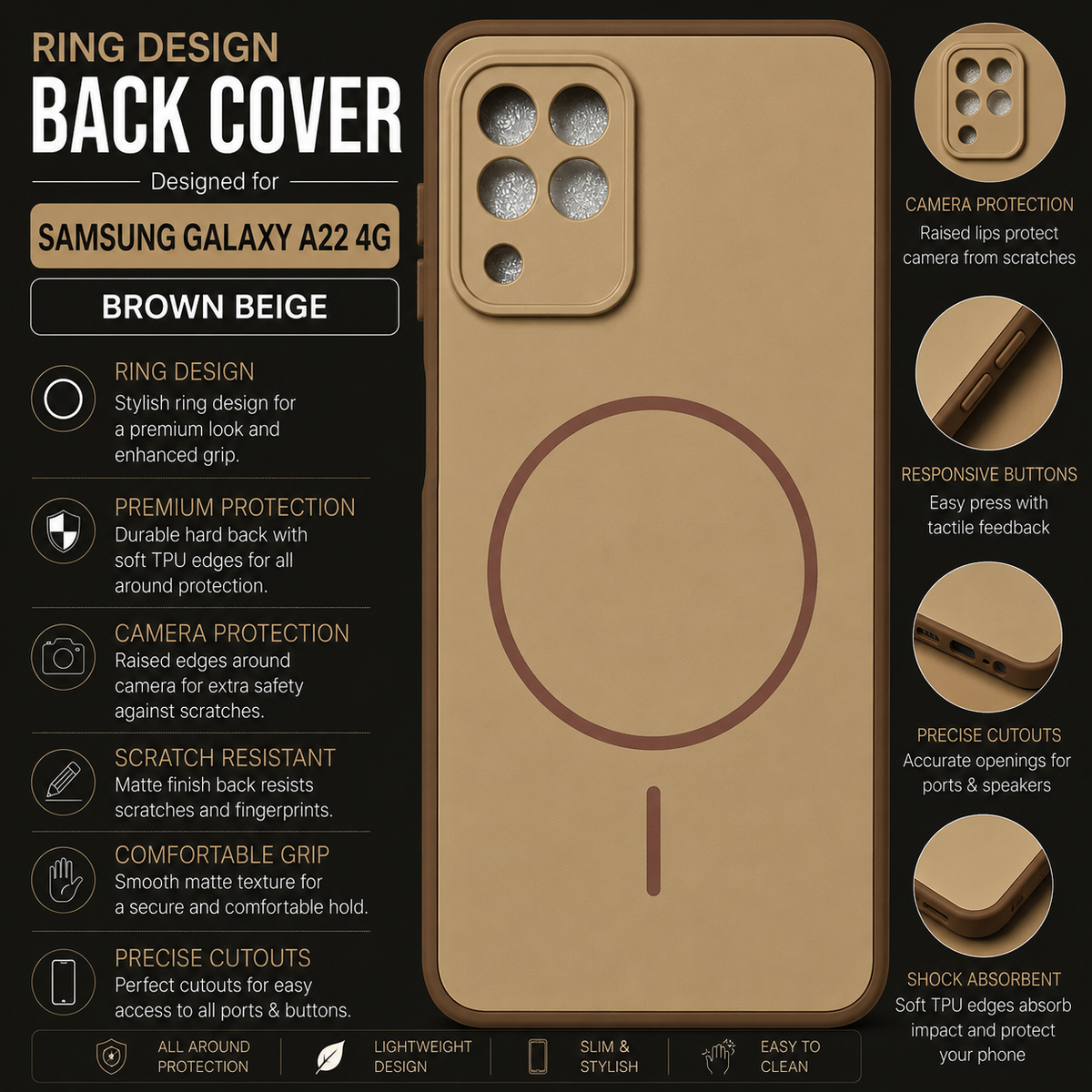 Samsung Galaxy A22 4G Ring Design Back Cover – Brown Beige