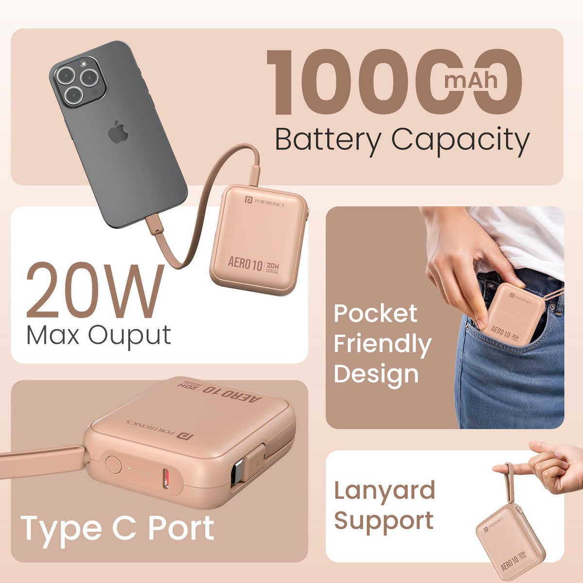 Portronics Aero 10 10000mAh 20W Power Bank POR 3456/3458 - Black/Mocha