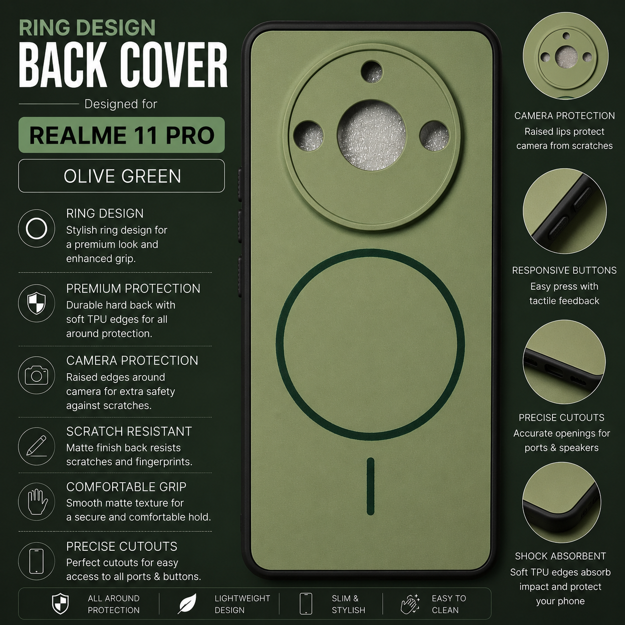 Realme 11 Pro RingDesign Back Cover – Olive Green