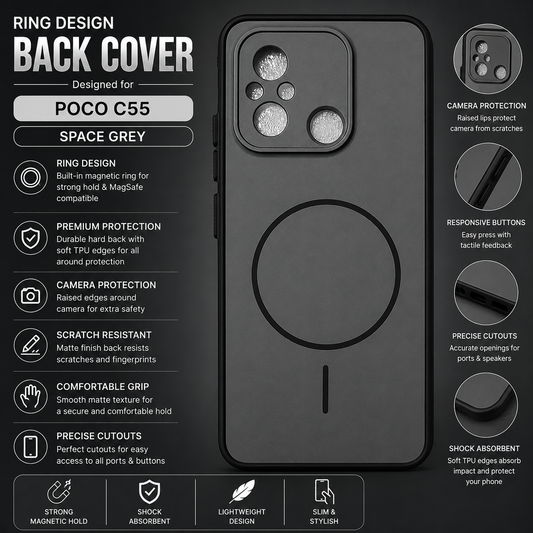 Poco C55 Ring Design Back Cover – Space Grey