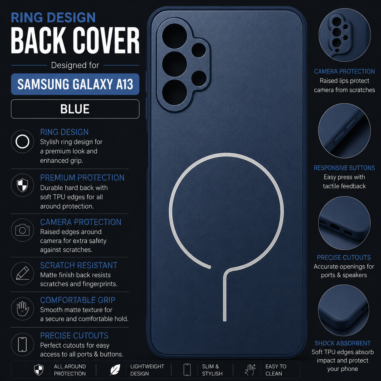 SAMSUNG Galaxy A13 RingDesign Back Cover – Blue