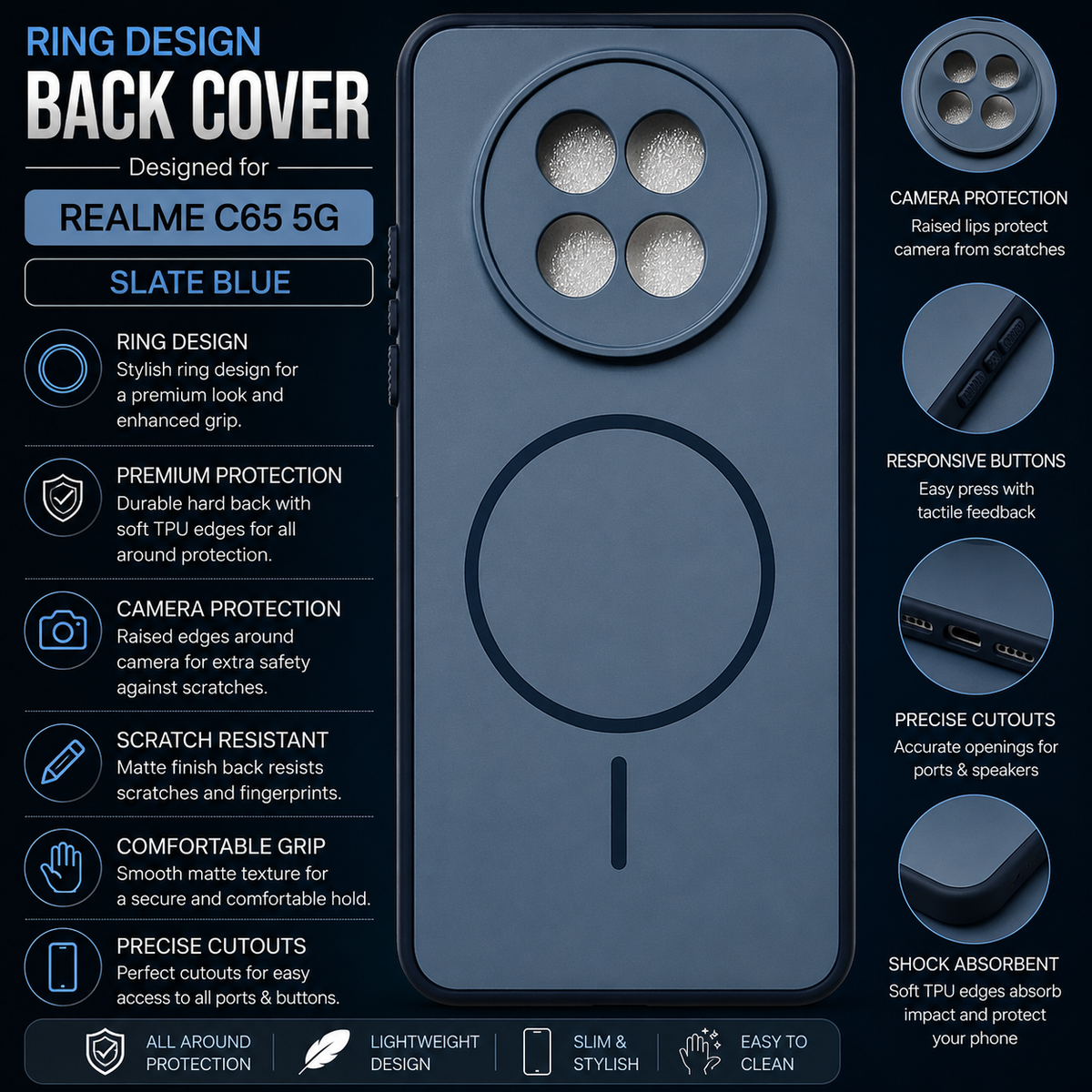 Realme C65 5G Ring Design Back Cover – Slate Blue