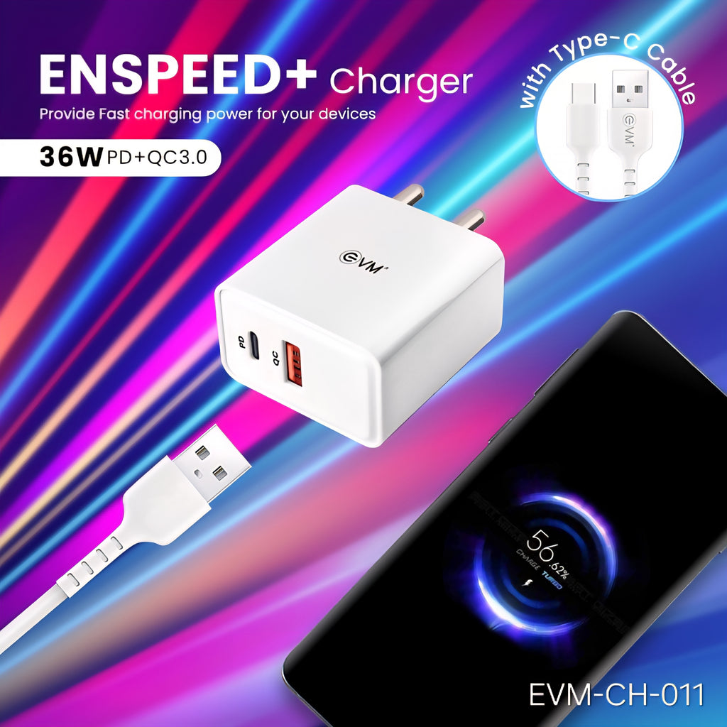 EVM EnSpeed+ 36W PD + QC3.0 Fast Charger with USB-A to Type-C Cable – EVM-CH-011