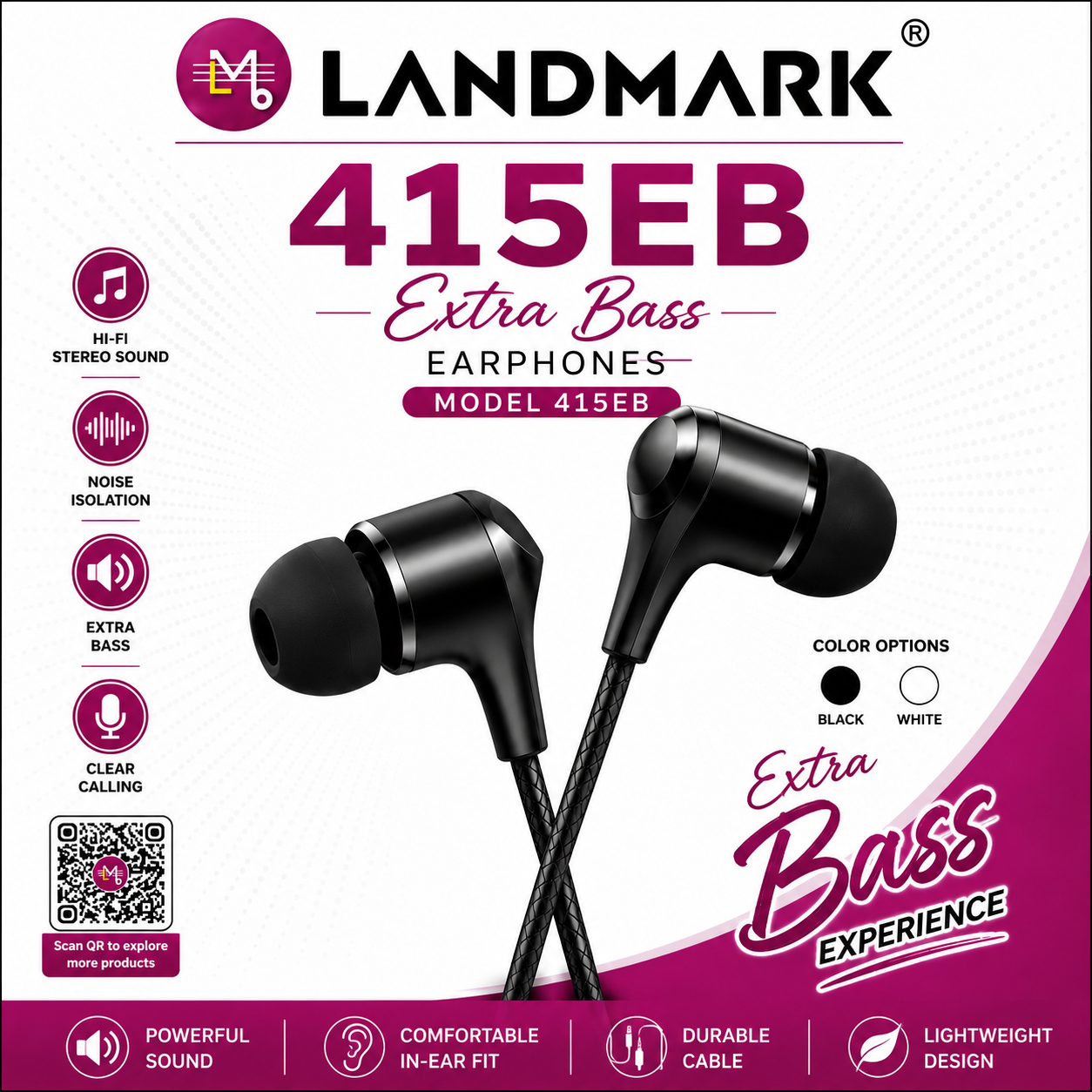 LANDMARK Extra Bass Earphones – 415EB Black/White