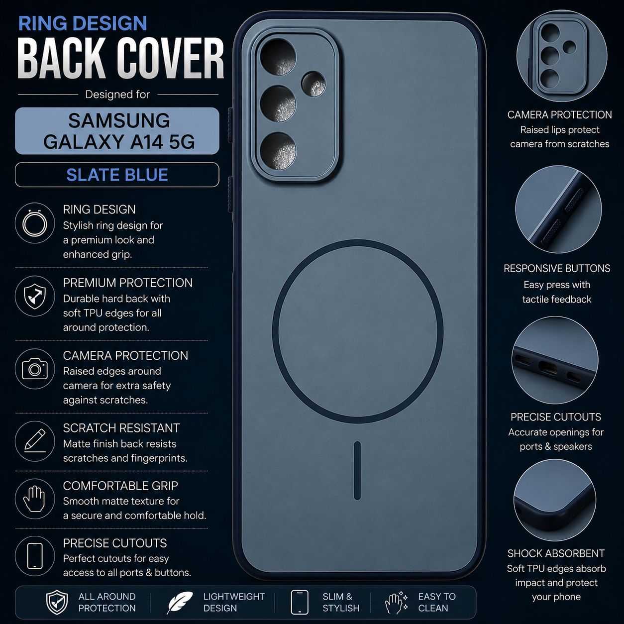 Samsung Galaxy A14 5G Ring Design Back Cover – Slate Blue