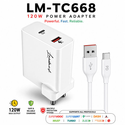 LANDMARK 120W PD + QC Power Adapter with USB-A to USB-C Dash Cable White – LM-TC668