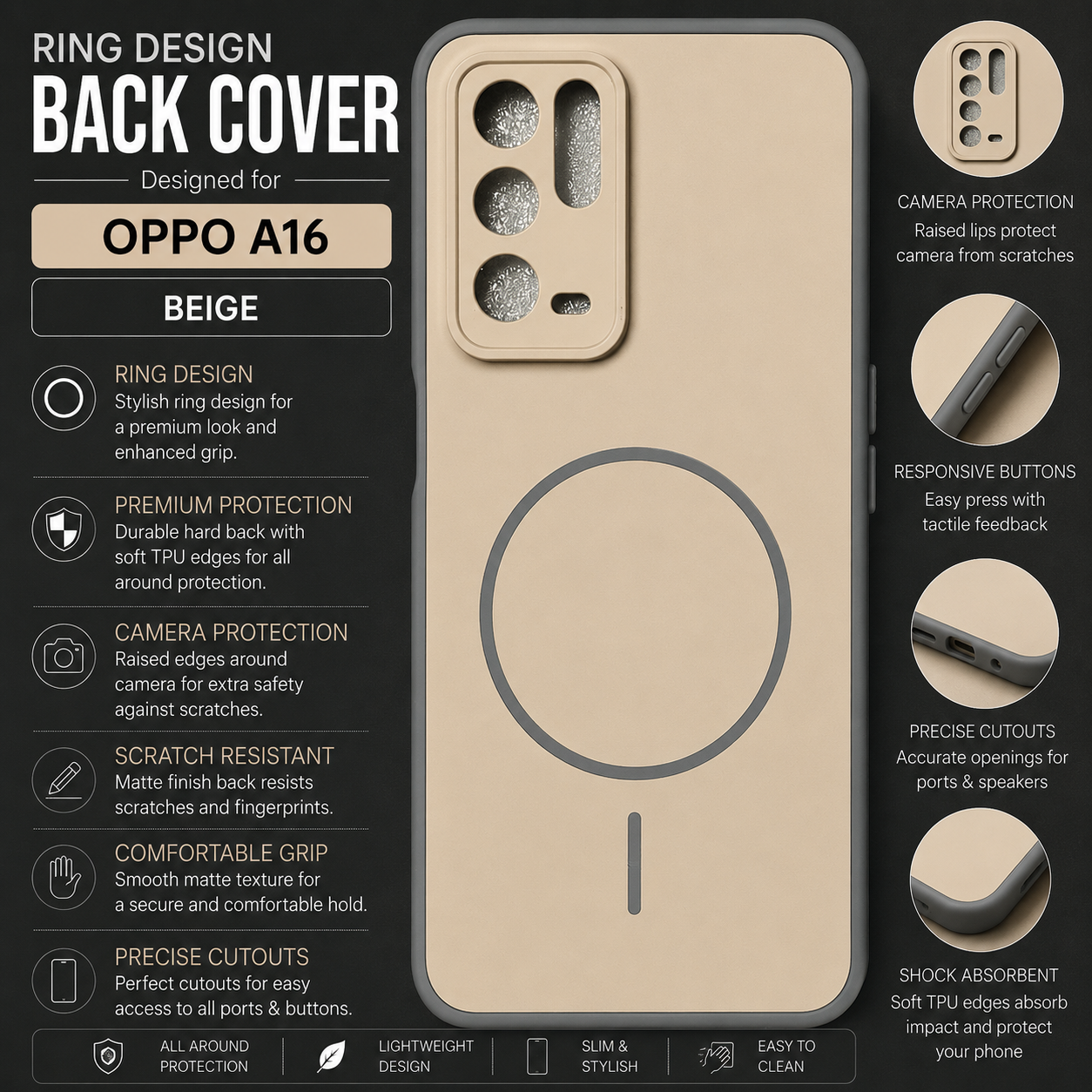 Oppo A16 Ring Design Back Cover – Beige