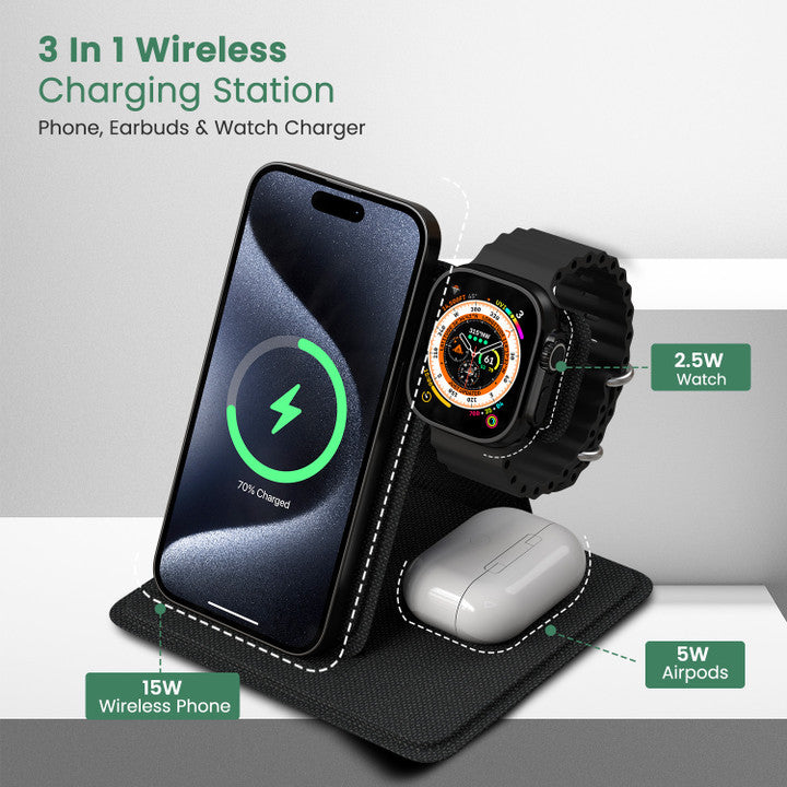 Portronics Freedom Fold 3 15W 3-in-1 Wireless Black Charging Station POR 2125