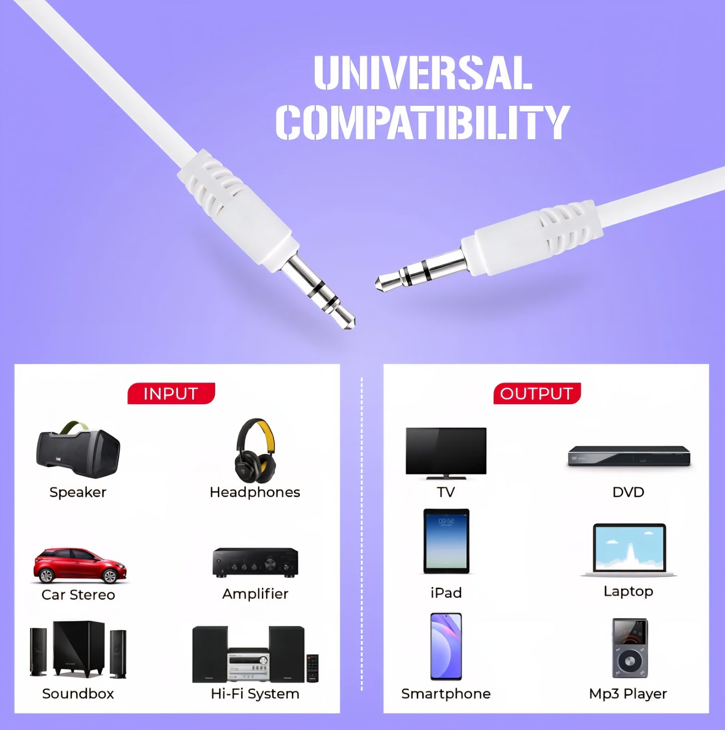 ERD 3.5mm Male to Male AUX Audio Cable 1M White - UC-201