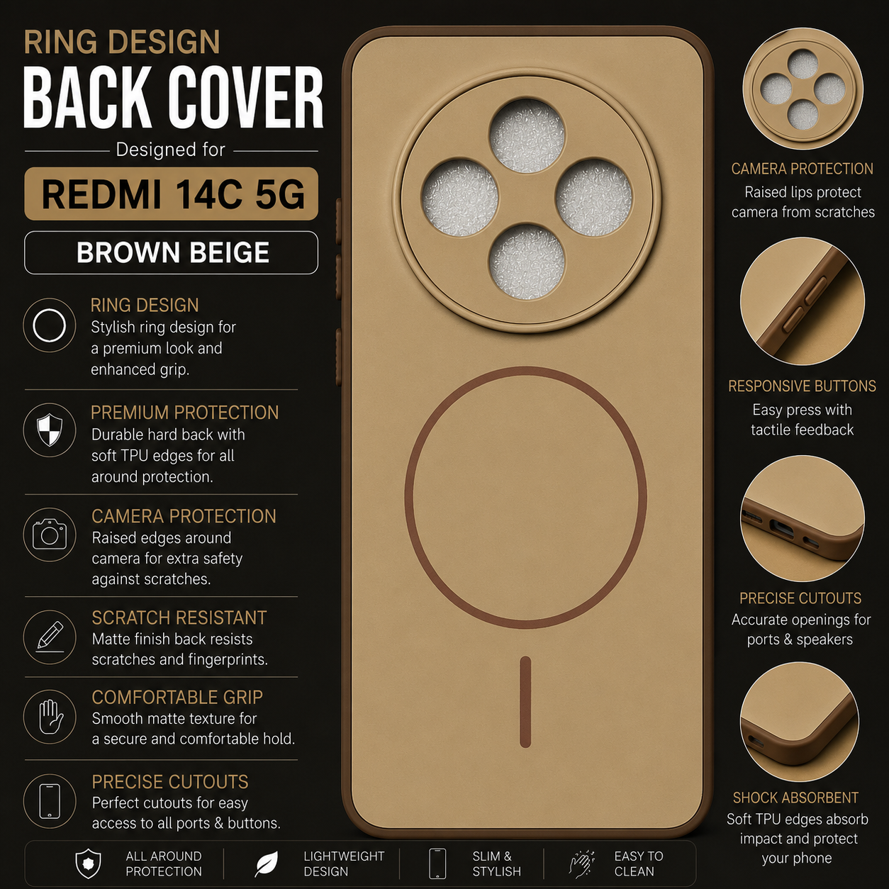 Redmi 14C 5G Ring Design Back Cover – Brown Beige