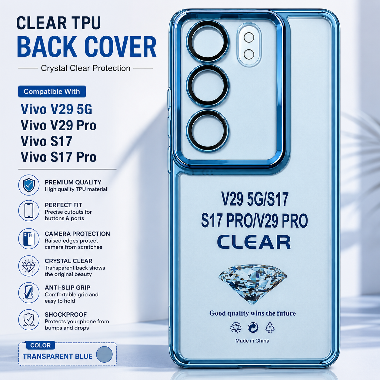 Vivo V29 5G / V29 Pro / S17 / S17 Pro Clear TPU Back Cover – Transparent Blue