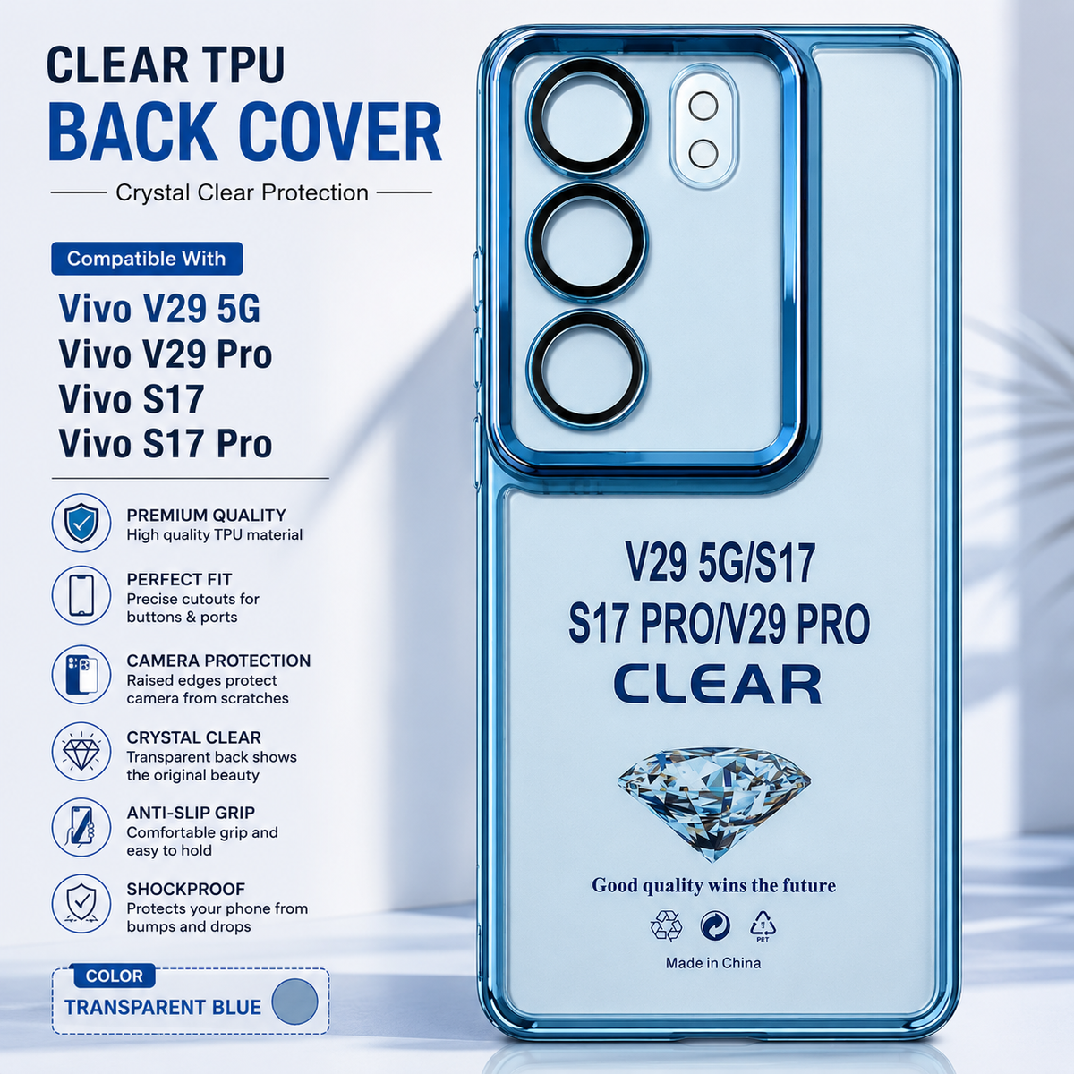 Vivo V29 5G / V29 Pro / S17 / S17 Pro Clear TPU Back Cover – Transparent Blue