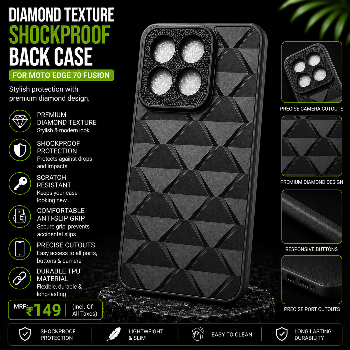 Diamond Texture Shockproof Back Case for Moto Edge 70 Fusion – Black