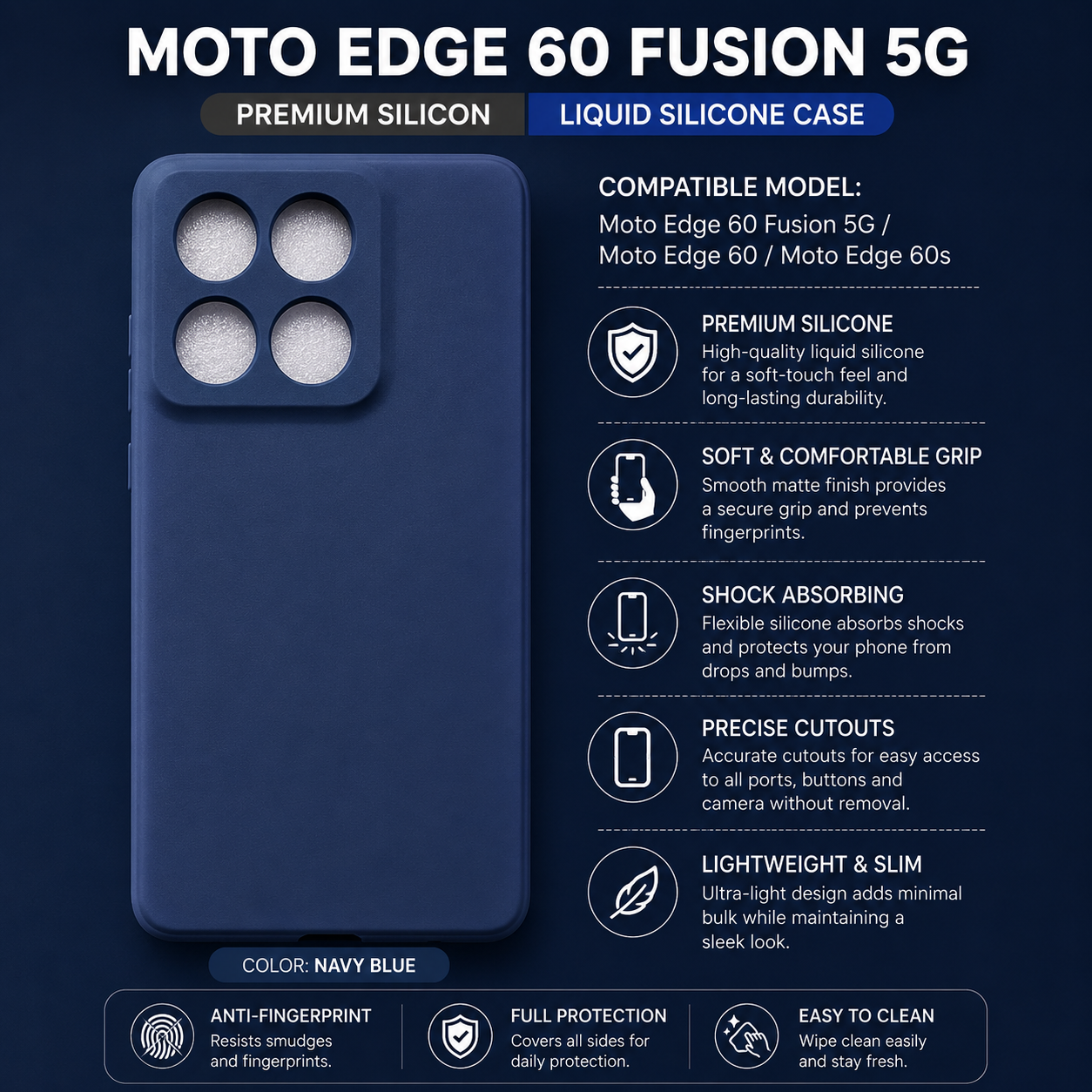 Moto Edge 60 Fusion 5G / Moto Edge 60 / Moto Edge 60s Premium Liquid Silicone Back Cover - Black/Blue