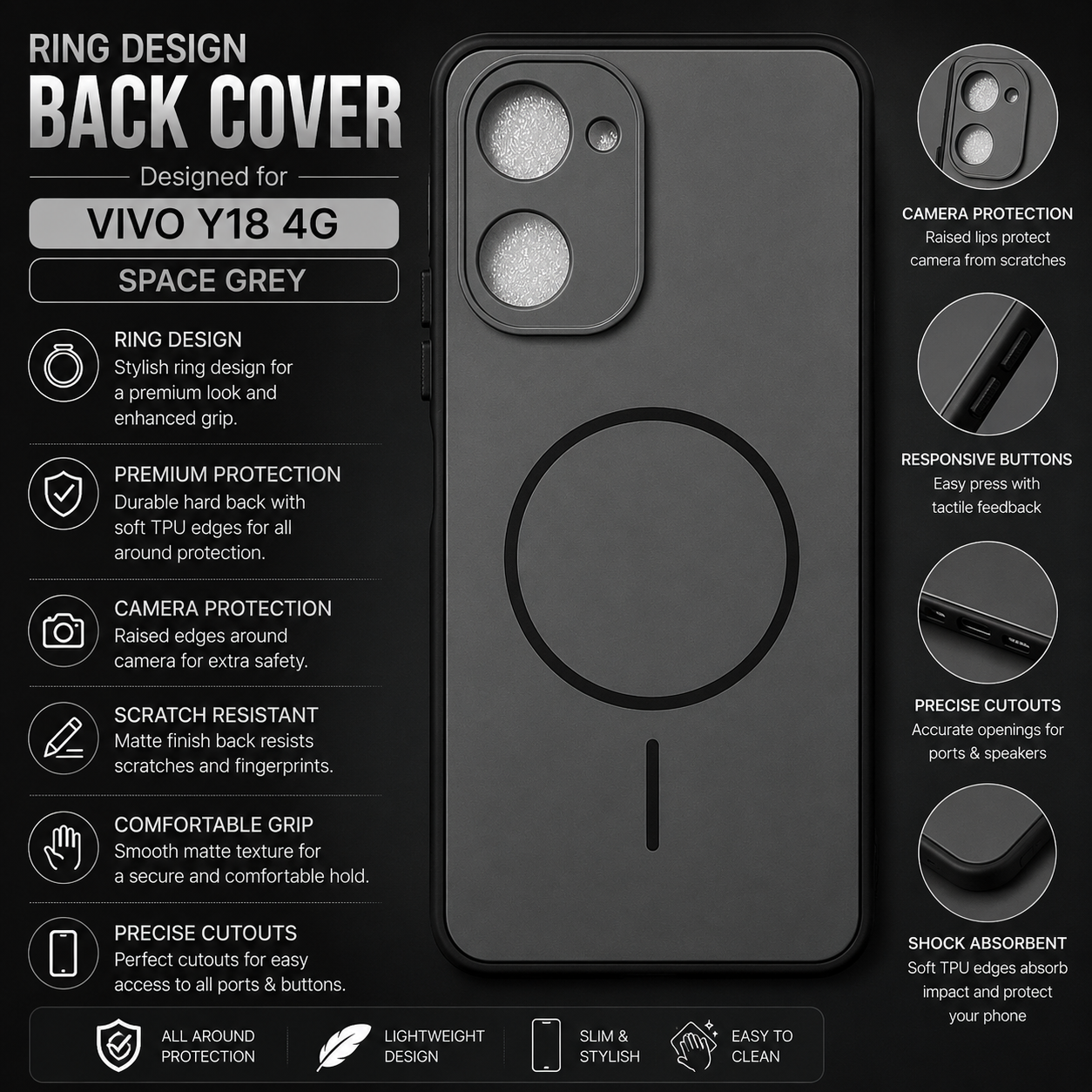 Vivo Y18 4G Ring Design Back Cover – Space Grey