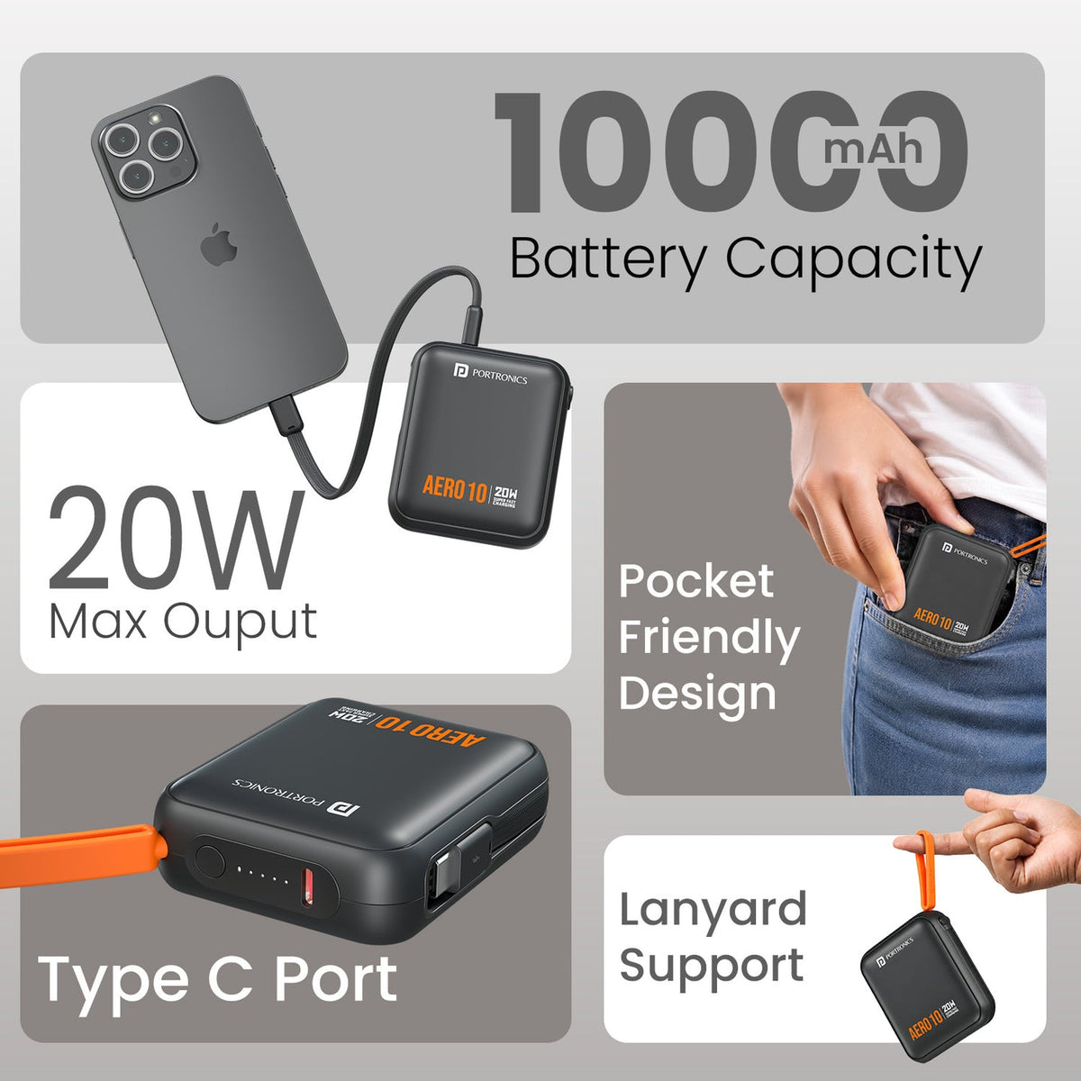 Portronics Aero 10 10000mAh 20W Power Bank POR 3456/3458 - Black/Mocha