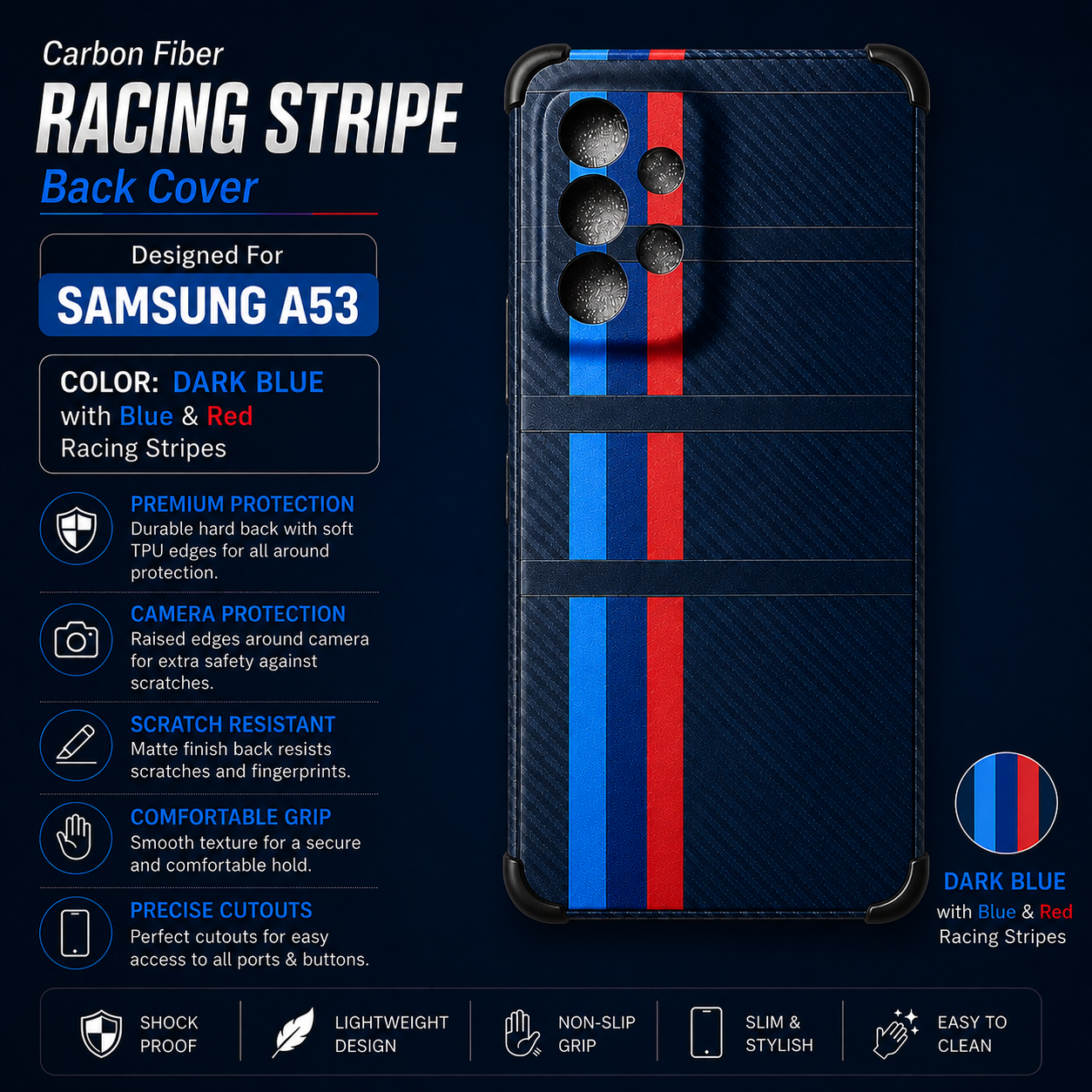 Samsung Galaxy A53 Carbon Fiber Racing Stripe Back Cover – Dark Blue