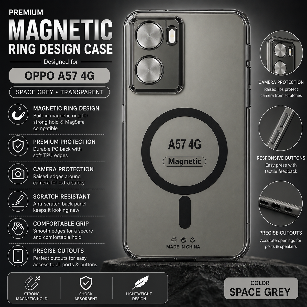 Oppo A57 4G Magnetic Ring Design Back Cover – Space Grey Transparent