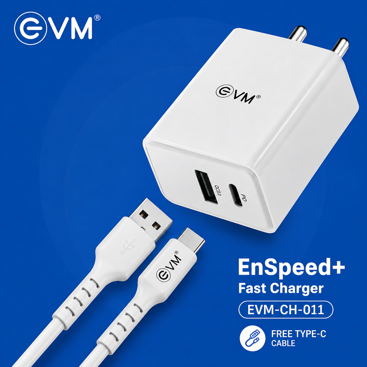EVM EnSpeed+ 36W PD + QC3.0 Fast Charger with USB-A to Type-C Cable – White (EVM-CH-011)