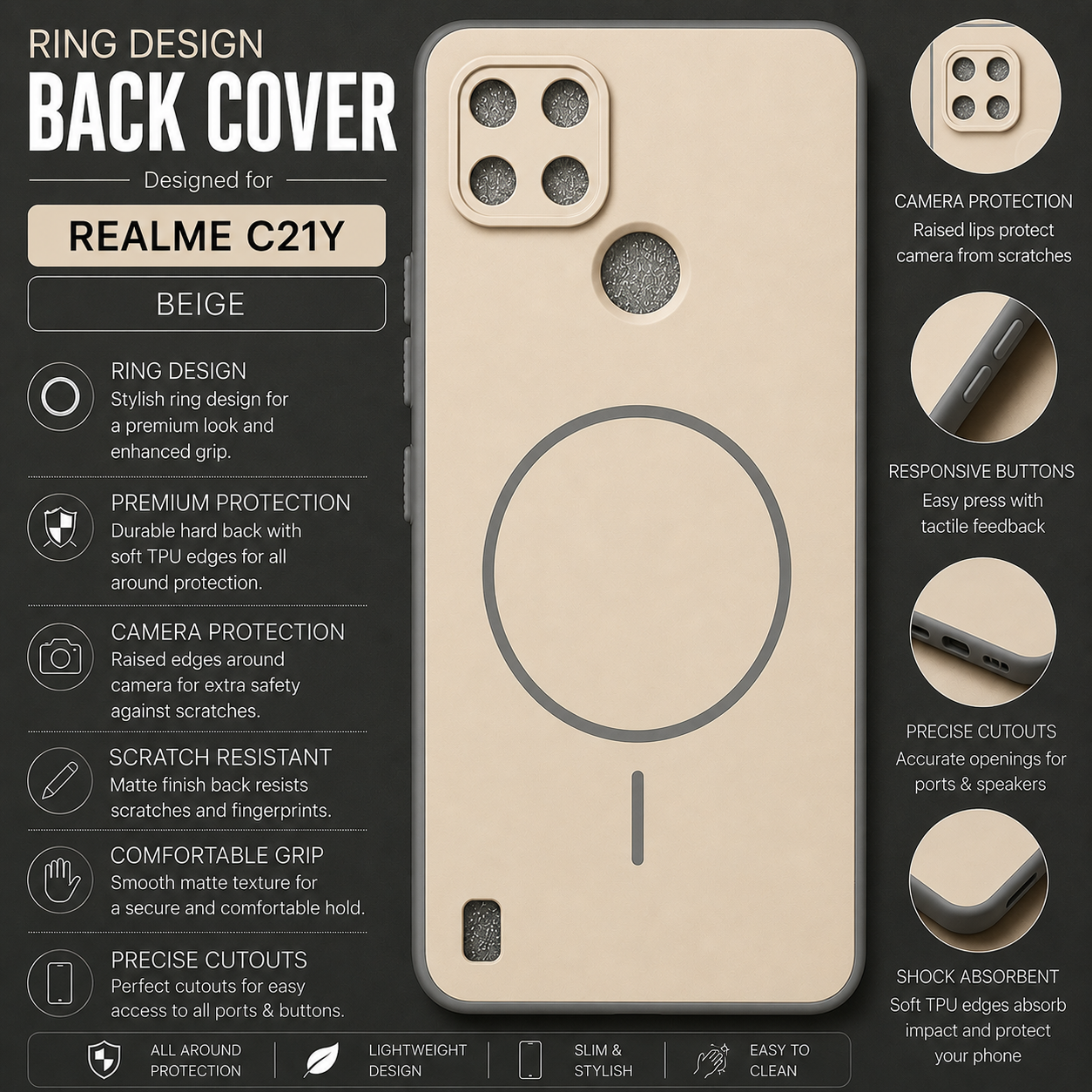 Realme C21Y Ring Design Back Cover – Beige