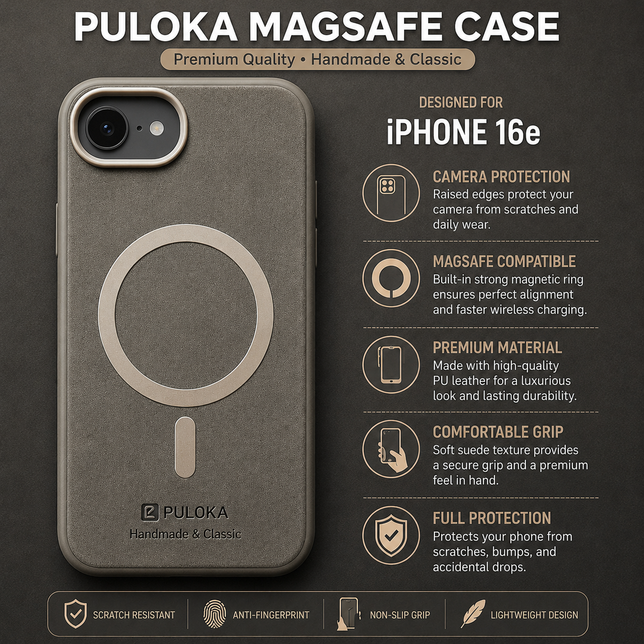 PULOKA Handmade & Classic MagSafe Case for iPhone 16E & 17 Pro Max – Grey