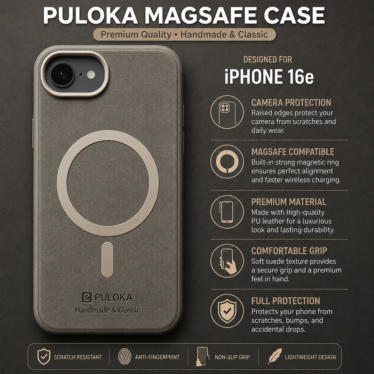 PULOKA Handmade & Classic MagSafe Case for iPhone 16E & 17 Pro Max – Grey