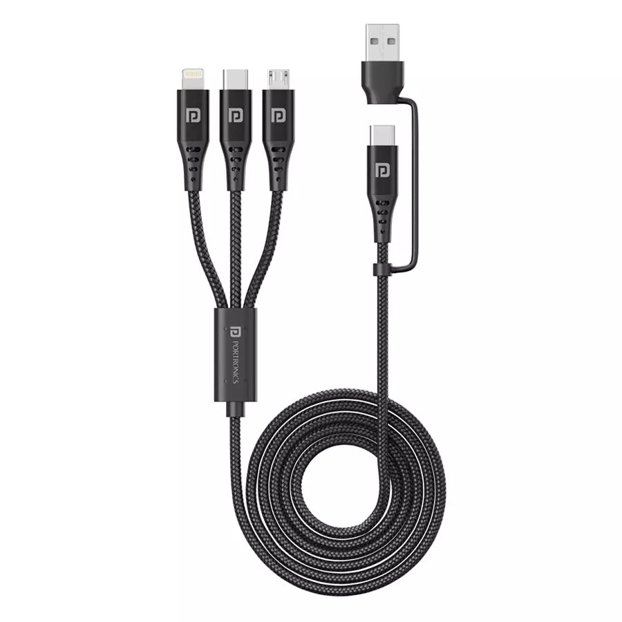Portronics Konnect J9 3-in-1 Braided Black Cable POR 1796 Type-C Micro USB 8-Pin