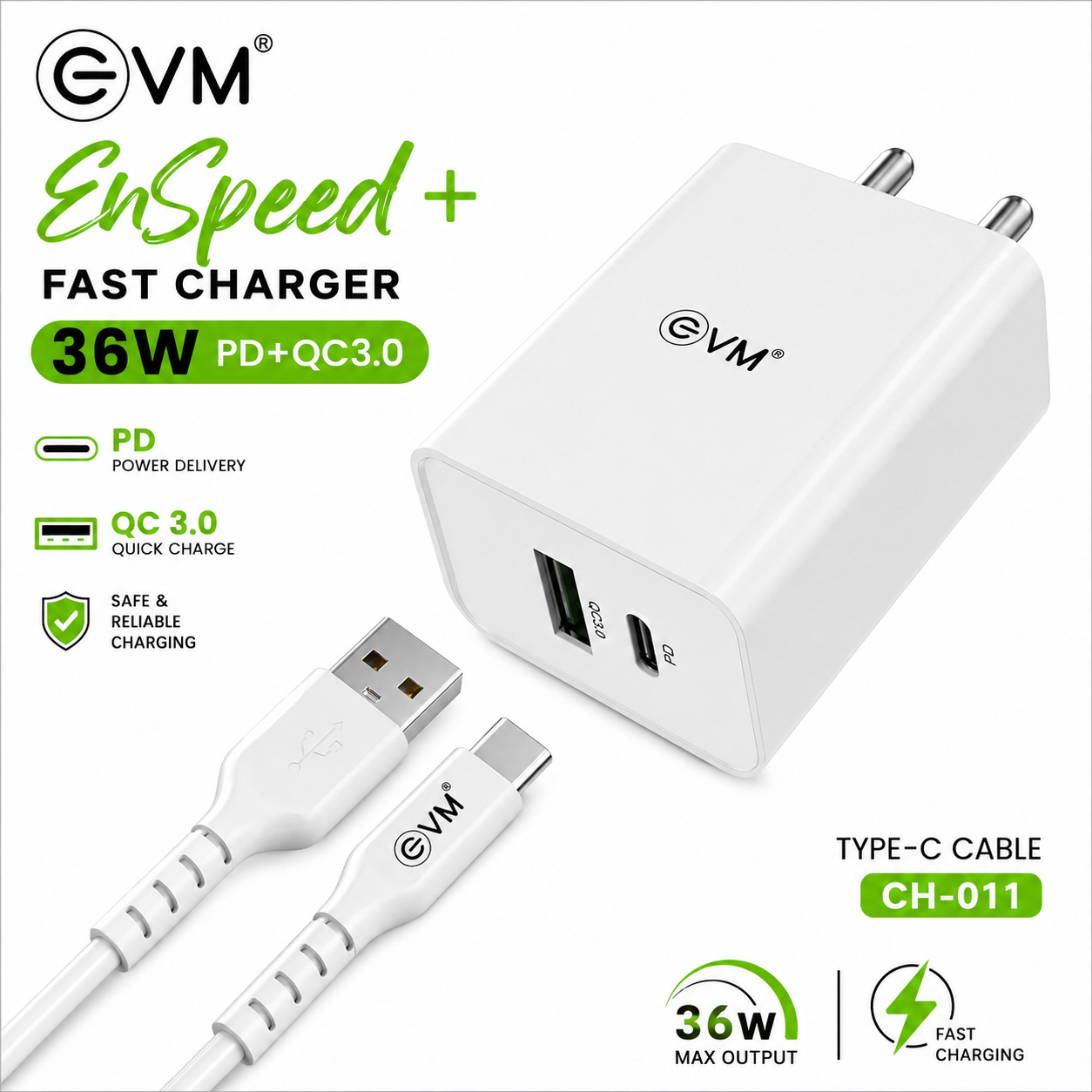EVM EnSpeed+ 36W PD + QC3.0 Fast Charger with USB-A to Type-C Cable – White (EVM-CH-011)