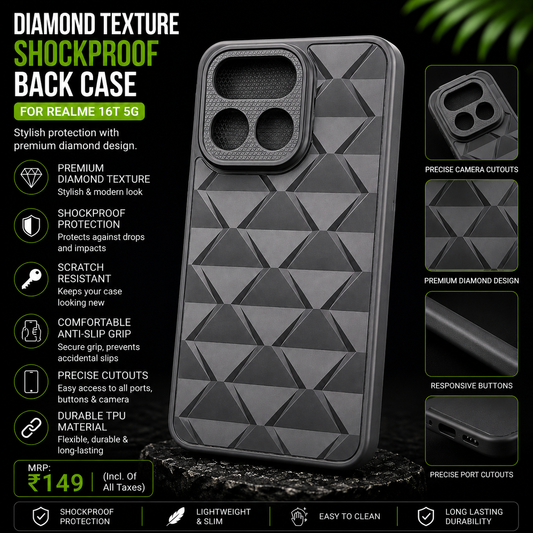 Diamond Texture Shockproof Back Case for Realme 16T 5G – Grey