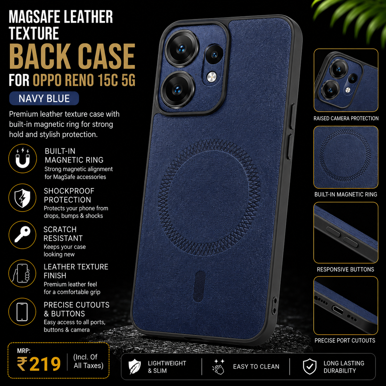 MagSafe Leather Texture Back Case for OPPO Reno 15C 5G – Navy Blue